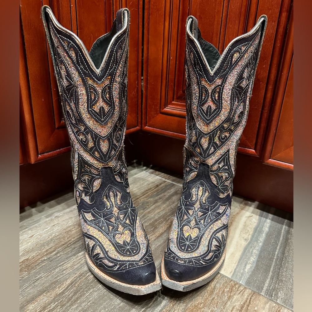 JB Dillon Black Glitter Inlay Sparkle Cowboy Boots Size 7.5 RARE Wedding Cowgirl - Picture 7 of 14